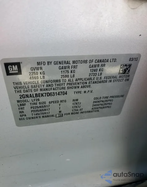 2013 Chevrolet Equinox Ls из США, поврежденный, VIN 2GNALBEK7D6314704